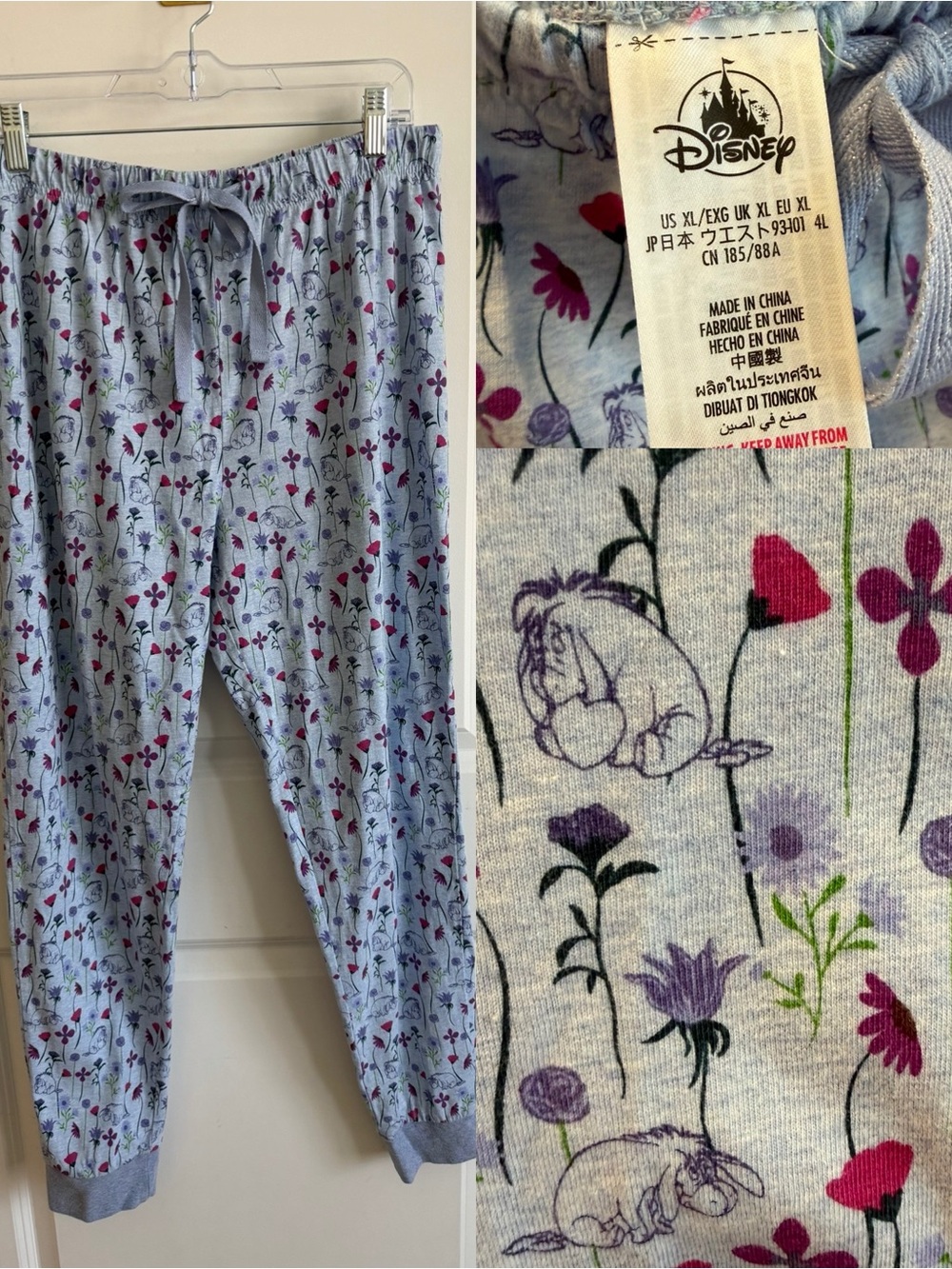 Disney Eeyore Floral Pajama Lounge Pants XL Cotton Watercolor Flowers